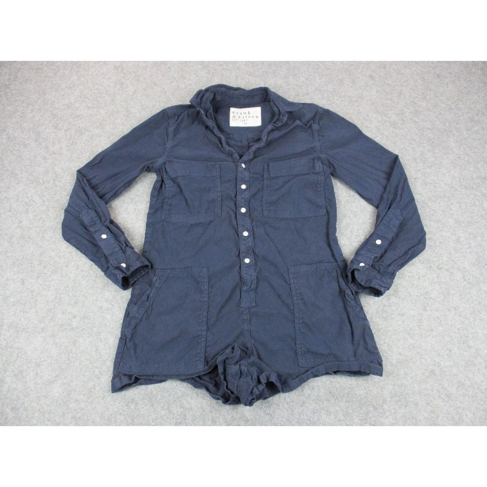 Frank & Eileen Romper Womens Extra Small Blue Woven Button Pockets Long Sleeve